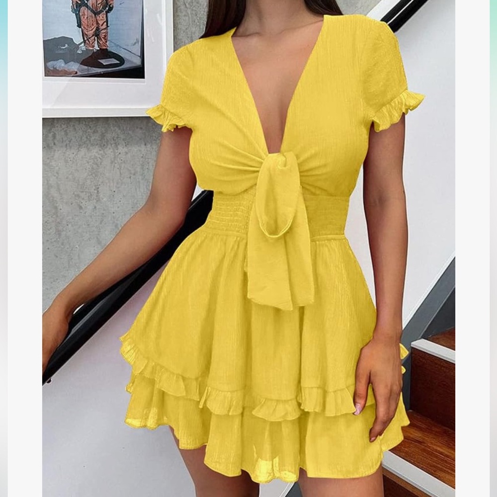 Yellow Flutter Sleeve Tie-Front Mini Dress - Picture 5 of 8